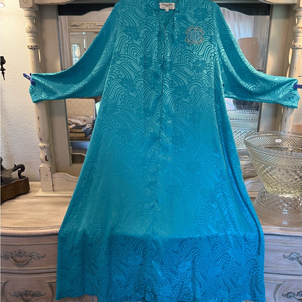 Christian Dior Caftan Robe Loungewear Zip Front Monogrammed Teal S Vintage USA